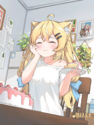 Rule 34 | 1girl, ^ ^, animal ear fluff, animal ears, blonde hair, blurry, bottle, cake, cake slice, cat ears, cat girl, chair, closed eyes, depth of field, eating, food, fork, hand on own cheek, hand on own face, highres, holding, holding fork, holding plate, long sleeves, off shoulder, original, picture frame, plant, plate, potted plant, refrigerator, shirt, short sleeves, single bare shoulder, sparkle, strawberry cake, table, water bottle, white shirt, xiao baixiong tat