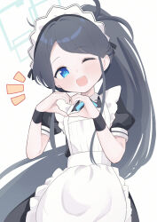 Rule 34 | 1girl, :d, absurdres, apron, aqua ribbon, aris (blue archive), aris (maid) (blue archive), black dress, black hair, black wristband, blue archive, blue eyes, collared dress, commentary, dot nose, dress, frilled apron, frills, grey halo, halo, head tilt, heart, heart hands, highres, long hair, looking at viewer, maid, maid apron, maid headdress, mashiro latte (msrn39), neck ribbon, notice lines, official alternate costume, one eye closed, open mouth, ponytail, ribbon, short sleeves, sidelocks, simple background, smile, solo, swept bangs, teeth, upper body, upper teeth only, very long hair, white apron, white background