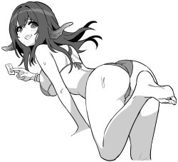 Rule 34 | 1girl, ass, azur lane, bare shoulders, barefoot, bikini, breasts, commentary request, feet, from behind, greyscale, grin, holding ticket, hori (hori no su), large breasts, looking at viewer, looking back, medium hair, monochrome, official alternate costume, official art, royal fortune (azur lane), royal fortune (eyes on the prize) (azur lane), sideboob, simple background, smile, solo, suction cups, swimsuit, tentacle hair, tentacles, ticket, toes, white background