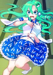 Rule 34 | 1girl, absurdres, blue eyes, blue skirt, commission, detached sleeves, feet out of frame, frog hair ornament, green hair, hair between eyes, hair ornament, highres, japanese clothes, kochiya sanae, long hair, looking at viewer, lying, messy hair, miko, nontraditional miko, open mouth, pixiv commission, re mistar, scared, skirt, snake hair ornament, socks, solo, sweat, tatami, teeth, touhou, white socks, wide sleeves