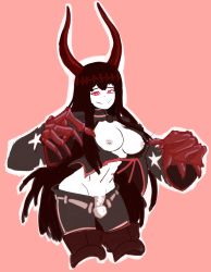 Rule 34 | 1girl, absurdres, black gold saw, black rock shooter, breasts, claws, closed mouth, cowboy shot, demon horns, doce, female focus, highres, horns, long hair, looking at viewer, navel, outline, pink background, red eyes, red hair, simple background, smile, solo