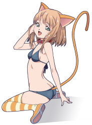 Rule 34 | 1girl, amano yo-ki, animal ears, ass, bikini, black bikini, breasts, butt crack, cat ears, cat girl, cat tail, collar, fang, from side, full body, green eyes, light brown hair, looking at viewer, open mouth, original, shadow, sitting, small breasts, smile, solo, striped clothes, striped thighhighs, swimsuit, tail, thighhighs, wariza