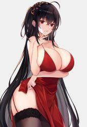 Rule 34 | 1girl, ahoge, arm under breasts, azur lane, black hair, black thighhighs, blush, breast hold, breasts, choker, cleavage, clothes lift, cocktail dress, collarbone, cowboy shot, crossed bangs, dress, dress lift, garter straps, hair between eyes, hair ornament, hand to own mouth, highres, large breasts, lifted by self, long hair, looking at viewer, muki (muki kunxd), official alternate costume, one side up, parted lips, red choker, red dress, red eyes, revision, simple background, solo, standing, taihou (azur lane), taihou (forbidden feast) (azur lane), thighhighs, very long hair, white background