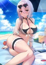 Rule 34 | 1girl, apple, arm support, ass, azur lane, bare shoulders, beach, beach mat, bikini, black bikini, blue sky, blush, breasts, cellphone, cleavage, collarbone, commentary request, day, eyewear on head, food, fruit, hair between eyes, heart, heart-shaped eyewear, highres, large breasts, looking at viewer, low twintails, lying, o-ring, o-ring top, off shoulder, on side, outdoors, parted lips, phone, red eyes, scrunchie, see-through, shore, short hair, short twintails, sirius (azur lane), sirius (scorching-hot seirios) (azur lane), sky, solo, sparkle, sunglasses, sunlight, super nagoyaka, swimsuit, thigh strap, thighs, twintails, white hair, white scrunchie, wrist scrunchie