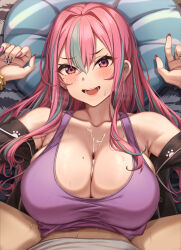 Rule 34 | 1boy, 1girl, absurdres, armpit crease, azur lane, bare shoulders, black jacket, breasts, bremerton (azur lane), bremerton (relaxation consultation) (azur lane), cleavage, collarbone, cum, cum on body, cum on breasts, cum on upper body, ear piercing, fingernails, frown, gold bracelet, grey hair, hair down, hair intakes, handsfree paizuri, highres, huge breasts, jacket, lips, long fingernails, long hair, looking at viewer, lower teeth only, mole, mole on breast, mole under eye, momo no sukebe, multicolored hair, nail art, nail polish, official alternate costume, official alternate hairstyle, open mouth, paizuri, paizuri under clothes, penis, piercing, pillow, pink nails, purple tank top, red eyes, red hair, solo focus, straddling paizuri, streaked hair, sweat, tank top, teeth, two-tone hair, white nails
