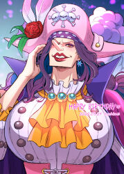 Rule 34 | 1girl, ascot, big nose, breasts, catarina devon, earrings, english text, flower, grin, hat, hat flower, highres, huge breasts, jewelry, long hair, looking at viewer, one piece, orange eyes, pirate hat, purple hair, red flower, red rose, rose, smile, teeth, upper body, yellow ascot, youkan (tako)