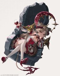 Rule 34 | 1girl, absurdres, animal ears, bare shoulders, bow, breasts, brooch, choker, cleavage, crossed legs, cup, detached sleeves, double bun, dress, drinking glass, floating armor, flower, frills, hair bun, hair flower, hair ornament, head on hand, highres, horns, jewelry, light brown hair, looking at viewer, medium breasts, monosucre, multicolored clothes, multicolored dress, parted bangs, plant, red bow, red eyes, red flower, red footwear, red rose, rose, screentones, sidelocks, sitting, solo, tail, thighhighs, throne, tiara, vines, white choker, white dress, white thighhighs, wine glass