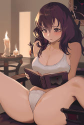 Rule 34 | 1girl, ao no kiseki, blush, book, bow, breasts, candle, cleavage, eiyuu densetsu, fire, hair bow, highres, holding, holding book, indoors, large breasts, painting (object), panties, purple eyes, purple hair, reading, rixia mao, sitting, solo, thighs, underwear, wangxiii, zero no kiseki