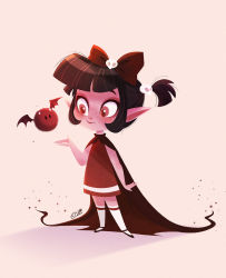 Rule 34 | 1girl, bat wings, black cape, black footwear, blunt bangs, blush, bow, brown hair, cape, colored skin, commentary, dress, english commentary, eyeshadow, familiar, fangs, fangs out, freckles, full body, hair bow, hair ornament, hand up, highres, horns, looking at another, makeup, mary janes, monster girl, original, outstretched hand, pink background, pink eyes, pink eyeshadow, pink skin, pink theme, pointy ears, ponytail, raised eyebrows, red bow, red dress, samantha germaine sim, shadow, shoes, short dress, short hair, short ponytail, sidelocks, signature, simple background, skull hair ornament, sleeveless, sleeveless dress, smile, solid oval eyes, standing, striped clothes, striped dress, striped legwear, vampire, white legwear, wings