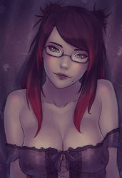 Rule 34 | 10s, 1girl, warrior of light (ff14), bare shoulders, blue eyes, breasts, cleavage, collarbone, final fantasy, final fantasy xiv, glasses, hyur, long hair, looking at viewer, mole, mole under mouth, off shoulder, solo, soranamae