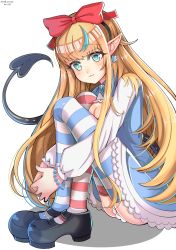 Rule 34 | 1girl, :3, absurdres, alice (alice in wonderland), alice (alice in wonderland) (cosplay), alice (monster girl encyclopedia), bad id, bad pixiv id, bead bracelet, beads, black footwear, blonde hair, blue eyes, bracelet, breasts, cleavage, cosplay, dated, demon tail, earrings, hairband, highres, jewelry, jiaxi daze, long hair, looking at viewer, medium breasts, monster girl encyclopedia, pointy ears, sitting, smile, solo, striped clothes, striped thighhighs, tail, tail raised, thighhighs, very long hair