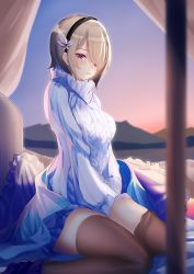 Rule 34 | 1girl, absurdres, blurry, blurry foreground, brown hair, brown thighhighs, dawn, grin, hair over one eye, headband, highres, honkai (series), honkai impact 3rd, huge filesize, long sleeves, looking at viewer, open mouth, pillow, purple eyes, ribbed sweater, rita rossweisse, seiza, short hair, sitting, smile, solo, sweater, teeth, thighhighs, you&#039;a
