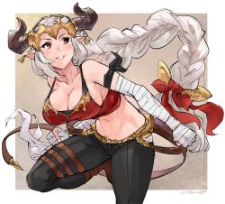 Rule 34 | aliza (granblue fantasy), arm wrap, bandages, belt, braid, braided ponytail, breasts, cleavage, crop top, crown, draph, granblue fantasy, highres, horns, kenshin187, large breasts, long hair, midriff, navel, pants, pointy ears, solo, very long hair, white hair