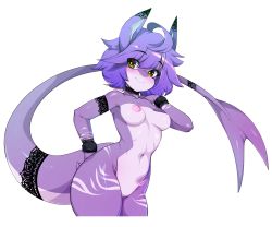 Rule 34 | 1girl, absurdres, ahoge, animal ears, blue hair, breasts, commentary, english commentary, green eyes, hand on own hip, highres, looking at viewer, medium breasts, monster girl, navel, nipples, nude, original, short hair, simple background, slugbox, solo, tail, white background