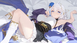 Rule 34 | 1girl, absurdres, armpits, bed sheet, black skirt, blue eyes, blue flower, blue hair, blush, breasts, closed mouth, commentary request, flower, frilled skirt, frills, hair between eyes, hair flower, hair ornament, highres, large breasts, long hair, long sleeves, looking at viewer, lying, multicolored hair, on back, original, pillow, purple shirt, rose, shirt, skirt, socks, solo, streaked hair, sukaliya, thighs, white hair, white socks
