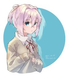 Rule 34 | 1girl, artist name, blue eyes, blush, brown sweater vest, closed mouth, commentary request, dated, dress shirt, hat, highres, kantai collection, neck ribbon, pink hair, red ribbon, ribbon, shiranui (kancolle), shirt, short hair, solo, sweater vest, twitter username, u yuz xx, upper body, white shirt