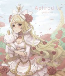Rule 34 | 1girl, aphrodite (nyanko daisensou), blonde hair, bow (weapon), breasts, cat (nyanko daisensou), chenyunchen2001, crown, doll, feather hair ornament, feathers, flower, gloves, hair flower, hair ornament, highres, medium breasts, nyanko daisensou, petals, red eyes, rose, rose bush, rose petals, sky, smile, weapon