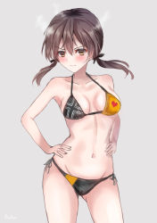 Rule 34 | 1girl, absurdres, bikini, breasts, brown eyes, brown hair, collarbone, cowboy shot, gertrud barkhorn, grey background, halterneck, hands on own hips, highres, long hair, looking at viewer, martinreaction, medium breasts, multicolored bikini, multicolored clothes, print bikini, side-tie bikini bottom, simple background, solo, strike witches, string bikini, swimsuit, twintails, world witches series