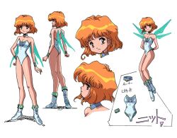 Rule 34 | 1girl, boots, breasts, character sheet, choker, commentary request, cotton (game), expressionless, fairy, fairy wings, full body, knit (cotton), leotard, multiple views, orange eyes, orange hair, parted lips, profile, short hair, small breasts, smile, tamu (expo75), wings