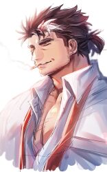 Rule 34 | 1boy, absurdres, bara, cigarette, closed eyes, collared shirt, cropped torso, doku (hitori ox), facing away, high ponytail, highres, large pectorals, male focus, mature male, mononobe kyoma, multicolored hair, muscular, muscular male, necktie, open clothes, pectoral cleavage, pectorals, shirt, sideburns, smile, smoking, solo, sparse stubble, streaked hair, thick eyebrows, tokyo houkago summoners, undone necktie, unfinished, white hair