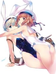 Rule 34 | 10s, 2girls, anchor, animal ears, ass, black ribbon, blue eyes, blue leotard, bow, breasts, brown eyes, brown hair, commentary request, detached collar, fake animal ears, hat, hat bow, kantai collection, leotard, min-naraken, multiple girls, navel, one eye closed, open mouth, panties, playboy bunny, rabbit ears, rabbit tail, ribbon, sailor collar, sailor hat, sidelocks, simple background, small breasts, strapless, strapless leotard, striped clothes, striped panties, swimsuit, tail, underwear, white background, white hat, white leotard, z1 leberecht maass (kancolle), z3 max schultz (kancolle)