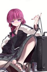 Rule 34 | 1girl, alcohol carton, amplifier, black bow, black jacket, black nails, black skirt, black tank top, blunt bangs, blush, bocchi the rock!, bow, braid, braided ponytail, breasts, cable, collarbone, commentary request, convenient leg, earrings, eyelashes, feet, floral print, foreshortening, full body, geta, hair bow, hair over shoulder, hand in pocket, hand up, highres, hiroi kikuri, jacket, jewelry, knee up, long sleeves, multicolored clothes, multicolored jacket, nail polish, pointing, pointing up, print skirt, purple hair, ringed eyes, sandals, shadow, sharp teeth, sidelocks, simple background, sitting, skirt, small breasts, solo, strap slip, taka.yana, tank top, teeth, toenail polish, toenails, toes, two-tone jacket, white background, white jacket