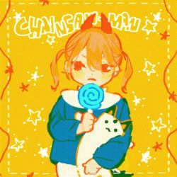 Rule 34 | 1girl, aged down, candy, cat, chainsaw man, child, food, highres, holding, holding candy, holding food, holding lollipop, horns, lollipop, looking at viewer, meowy (chainsaw man), orange hair, pecopecosupipi, power (chainsaw man), red horns, short hair, short twintails, simple background, solo, star (symbol), stuffed animal, stuffed toy, swirl lollipop, twintails, yellow background