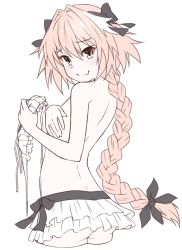 Rule 34 | 1boy, astolfo (fate), bare arms, bare back, bare shoulders, bikini, blush, braid, covering breasts, covering chest, covering privates, fang, fate/apocrypha, fate (series), frilled bikini, frills, hair between eyes, hair ribbon, long hair, looking at viewer, male focus, official alternate costume, ribbon, simple background, single braid, skin fang, smile, solo, swimsuit, trap, very long hair, white background