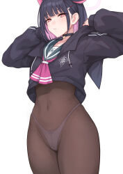 Rule 34 | 1girl, animal ears, arms up, black choker, black hair, black jacket, blue archive, bodysuit, bow, cat ears, choker, colored inner animal ears, colored inner hair, evan yang, green sailor collar, highres, hood, hooded jacket, jacket, kazusa (blue archive), looking at viewer, multicolored hair, no pants, panties, panties under pantyhose, pantyhose, pink bow, pink hair, red eyes, sailor collar, short hair, simple background, two-tone hair, underwear, white background