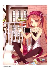 Rule 34 | 1girl, :d, absurdres, aruya, aruya (flosrota), bare shoulders, black thighhighs, blush, brick wall, camera, camisole, cat, checkered floor, floor, flower, hair ornament, hair ribbon, hairclip, hat, highres, indian style, lace, lace-trimmed legwear, lace trim, long hair, non-web source, open mouth, original, photo (object), pink eyes, pink hair, plaid, plaid skirt, pleated skirt, ribbon, sandals, scan, sitting, skirt, smile, solo, thighhighs, very long hair