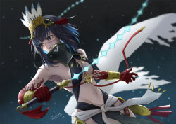 Rule 34 | 1girl, absurdres, bare shoulders, black hair, black skirt, blood, blood on hands, blue hair, bracer, breasts, colored inner hair, detached collar, facepaint, fate/grand order, fate (series), feathers, grey eyes, halterneck, headdress, high collar, highres, looking to the side, medium breasts, multicolored hair, open mouth, pelvic curtain, sash, short hair, sidelocks, skirt, solo, stalker 686, tassel, tenochtitlan (fate), tenochtitlan (first ascension) (fate), thighs, whip