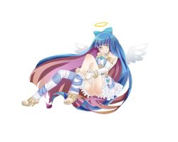 Rule 34 | 1girl, bare shoulders, blue eyes, bow, breasts, bridal gauntlets, choker, corset, dress, feet, frilled choker, frills, full body, hair bow, heart, high heels, highres, large breasts, long hair, looking at viewer, multicolored hair, panty &amp; stocking with garterbelt, shoes, sleeveless, sleeveless dress, stocking (psg), striped clothes, striped thighhighs, thighhighs, toeless footwear, toes, two-tone hair, white dress