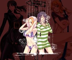 Rule 34 | 2girls, belt, bikini, black hair, collage, dress, female focus, glasses, jacket, jewelry, multiple girls, nami (one piece), necklace, nico robin, nico robin (strong world), one piece, one piece: strong world, orange hair, sitting, smile, standing, striped, striped clothes, striped dress, striped sweater, suspenders, sweater, sweater dress, swimsuit, thighhighs, towel