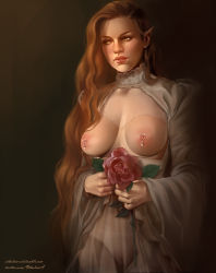Rule 34 | 1girl, blush, breasts, breasts out, bride, brown hair, dress, elf, flower, highres, large breasts, long hair, nipple piercing, nipples, original, othalama, piercing, pointy ears, pussy, revealing clothes, rose, see-through, solo, standing, tan, tanline, uncensored, white dress, yellow eyes