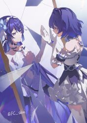 Rule 34 | ahoge, bare shoulders, black choker, blue eyes, blue hair, choker, clenched hand, collarbone, commentary, dress, elbow gloves, english commentary, gloves, hetare mizu, highres, honkai (series), honkai impact 3rd, light smile, long hair, looking at another, looking at mirror, mirror, red eyes, seele (alter ego), seele vollerei, seele vollerei (herrscher of rebirth), seele vollerei (stygian nymph), short hair, thighhighs, twitter username, v-shaped eyebrows, white dress, white headwear, white thighhighs