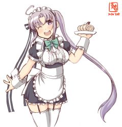 Rule 34 | 1girl, ahoge, akitsushima (kancolle), alternate costume, apron, artist logo, black dress, cake, commentary request, cowboy shot, dated, dress, enmaided, food, frilled apron, frilled cuffs, frilled dress, frills, garter straps, highres, kanon (kurogane knights), kantai collection, long hair, looking at viewer, maid, one eye closed, plate, purple eyes, purple hair, side ponytail, simple background, smile, solo, thighhighs, waist apron, white apron, white background, white thighhighs, wrist cuffs