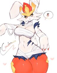 Rule 34 | 1girl, @ @, bandages, blue fur, blush, breasts, cinderace, claws, cleavage, colored sclera, creatures (company), drooling, earrings, eyeshadow, furry, furry female, game freak, gen 8 pokemon, highres, jewelry, large breasts, looking at viewer, makeup, midriff, mummy, navel, nintendo, open mouth, orange fur, orange hair, orange sclera, pokemon, pokemon (creature), rabbit ears, rabbit girl, rabbit tail, sarashi, thick thighs, thighs, togetoge, white fur, wide hips, yellow fur