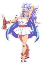 Rule 34 | 1girl, arm behind head, armpits, blonde hair, blue cape, boots, breasts, cape, circlet, closed mouth, commentary request, dragon quest, dragon quest iii, dress, elbow gloves, full body, gloves, hair between eyes, hand up, high heel boots, high heels, highres, holding, holding staff, large breasts, legs, long hair, looking at viewer, ponytail, red eyes, sage (dq3), sash, short dress, simple background, smile, solo, staff, standing, strapless, strapless dress, tasaka shinnosuke, white background, white dress, yellow footwear, yellow gloves