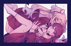 Rule 34 | 2girls, blonde hair, blue border, blush, border, brown dress, brown hair, check commentary, closed eyes, collarbone, commentary request, covered mouth, dress, finger to another&#039;s mouth, flower, fujishima megumi, girl on top, gradient hair, grey hair, hair flower, hair ornament, hand on another&#039;s arm, hasu no sora school uniform, heart, highres, leg up, limited palette, link! like! love live!, long hair, long sleeves, looking at another, love live!, medium dress, mira-cra park!, multicolored hair, multiple girls, one eye closed, open mouth, osawa rurino, parted bangs, pink flower, pleated dress, purple eyes, sailor collar, sailor dress, school uniform, socks, speech bubble, spoken heart, stuck in a box, sweat, twintails, two side up, virtual youtuber, watagemodoki, white background, white flower, white sailor collar, white socks, winter uniform, yuri