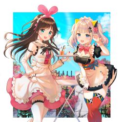 Rule 34 | 2girls, absurdres, alternate costume, animal ears, apron, black neckwear, blue eyes, bow, bowtie, breasts, brown hair, cake, cat ears, claw pose, cleavage, commentary request, cup, d-pad, d-pad hair ornament, day, detached collar, detached sleeves, drinking glass, drinking straw, fake animal ears, flower, food, framed breasts, grey hair, hair ornament, hair ribbon, hairpin, hand up, highres, holding, holding tray, juice, kaguya luna, kizuna ai, kizuna ai inc., lace, lace-trimmed legwear, lace trim, looking at viewer, maid, maid headdress, medium breasts, multicolored hair, multiple girls, obi, orange juice, outdoors, outside border, pink neckwear, pink ribbon, pink skirt, red legwear, ribbon, sailor collar, sash, short sleeves, sidelocks, skirt, skirt hold, streaked hair, striped bow, striped bowtie, striped clothes, striped neckwear, table, the moon studio, thighhighs, tokkyu, tray, twintails, virtual youtuber, waist apron, white apron, white legwear, wrist cuffs