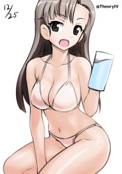 Rule 34 | 10s, 1girl, :d, aegis (nerocc), asymmetrical bangs, bikini, breasts, brown eyes, brown hair, cleavage, commentary request, cup, dated, girls und panzer, holding, invisible chair, long hair, looking at viewer, medium breasts, mug, navel, nishi kinuyo, one-hour drawing challenge, open mouth, sitting, smile, solo, swimsuit, twitter username, white bikini