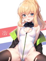 Rule 34 | 1girl, alice gear aegis, bare shoulders, black jacket, black thighhighs, blonde hair, blush, breasts, cleavage, cleavage cutout, clothing cutout, commentary request, companion/af, covered collarbone, heattech leotard, highleg, highleg leotard, highres, jacket, jacket partially removed, kakerayuri, leotard, long hair, looking at viewer, noelle francesca, ponytail, sidelocks, signature, sitting, sleeveless turtleneck leotard, small breasts, solo, thighhighs, turtleneck, zipper leotard