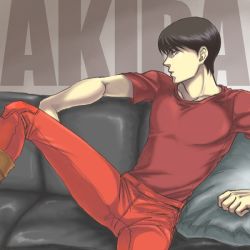 Rule 34 | 1980s (style), 1boy, akira (manga), black hair, boots, brown hair, couch, kaneda shoutarou (akira), looking away, male focus, oldschool, pants, pillow, red pants, red shirt, retro artstyle, shirt, short hair, sitting, solo, spread legs, t-shirt