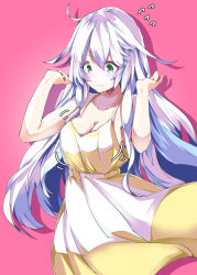 Rule 34 | 1girl, aged up, alternate breast size, alternate costume, aqua eyes, blush, breasts, closed mouth, darou74, dress, gradient background, hair between eyes, hibiki (kancolle), highres, kantai collection, large breasts, long dress, long hair, looking at viewer, silver hair, solo, yellow dress
