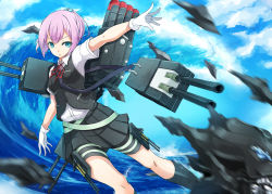 Rule 34 | 10s, 1girl, abyssal ship, asya, bike shorts, bike shorts under skirt, black socks, blouse, blue eyes, blue sky, cloud, day, female focus, gloves, grey skirt, hair ornament, kantai collection, kneehighs, looking at viewer, machinery, motion blur, neck ribbon, ocean, outdoors, outstretched arm, pink hair, pleated skirt, red ribbon, ribbon, school uniform, shiranui (kancolle), shirt, short hair, short sleeves, shorts, shorts under skirt, skirt, sky, socks, solo, vest, water, waves, white gloves, white shirt