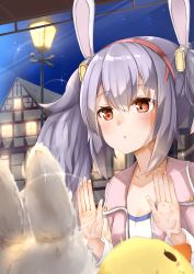 Rule 34 | 1girl, against glass, ame., animal ears, azur lane, blush, brown eyes, building, chestnut mouth, commentary request, hair between eyes, hairband, headgear, house, jacket, laffey (azur lane), lamppost, long hair, long sleeves, looking away, looking outside, night, night sky, open clothes, open jacket, outdoors, parted lips, pink jacket, purple hair, rabbit ears, red hairband, shirt, sidelocks, sky, solo, star (sky), starry sky, stuffed animal, stuffed bird, stuffed rabbit, stuffed toy, through window, twintails, white shirt, window