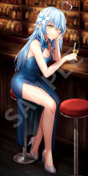 Rule 34 | 1girl, absurdres, ahoge, alcohol, bare arms, bare legs, blue dress, blue hair, bottle, breasts, cleavage cutout, closed mouth, clothing cutout, commentary request, cup, dress, drinking glass, elf, flower, full body, grey footwear, hair between eyes, hair flower, hair ornament, hand on own cheek, hand on own face, head rest, heart, heart ahoge, high heels, highres, holding, holding cup, hololive, jakelian, long hair, medium breasts, multicolored hair, pointy ears, pumps, sample watermark, side slit, sitting, sleeveless, sleeveless dress, smile, solo, stool, streaked hair, virtual youtuber, watermark, yukihana lamy