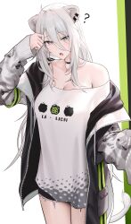 Rule 34 | 1girl, ?, absurdres, ahoge, animal ear piercing, animal ears, arm up, black choker, black jacket, breasts, choker, collarbone, commentary, cowboy shot, denim, denim shorts, grey eyes, grey hair, hair between eyes, highres, hololive, jacket, jewelry, large breasts, light blush, lion ears, lion girl, lion tail, long hair, long sleeves, looking at viewer, loose clothes, loose shirt, necklace, no bra, official alternate costume, open clothes, open jacket, open mouth, shirt, shishiro botan, shishiro botan (casual), shorts, simple background, single bare shoulder, solo, standing, symbol-only commentary, tail, virtual youtuber, wanne, white background, white shirt