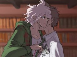 2boys blue_eyes blurry blurry_background book bookshelf brown_hair collarbone collared_shirt commentary danganronpa_(series) danganronpa_2:_goodbye_despair english_commentary from_side green_jacket grey_hair hinata_hajime hood hood_down hooded_jacket indoors jacket komaeda_nagito library long_sleeves male_focus messy_hair multiple_boys necktie open_clothes open_jacket open_mouth print_shirt shirt short_hair upper_body white_hair yandr4hope