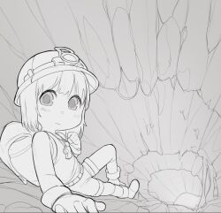 Rule 34 | 1girl, boots, cave, climbing, closed mouth, gloves, greyscale, hard hat, hat, helmet, kionant, looking at viewer, made in abyss, medium hair, monochrome, original, shirt, shorts, signature, sleeveless, sleeveless shirt, solo, whistle, whistle around neck